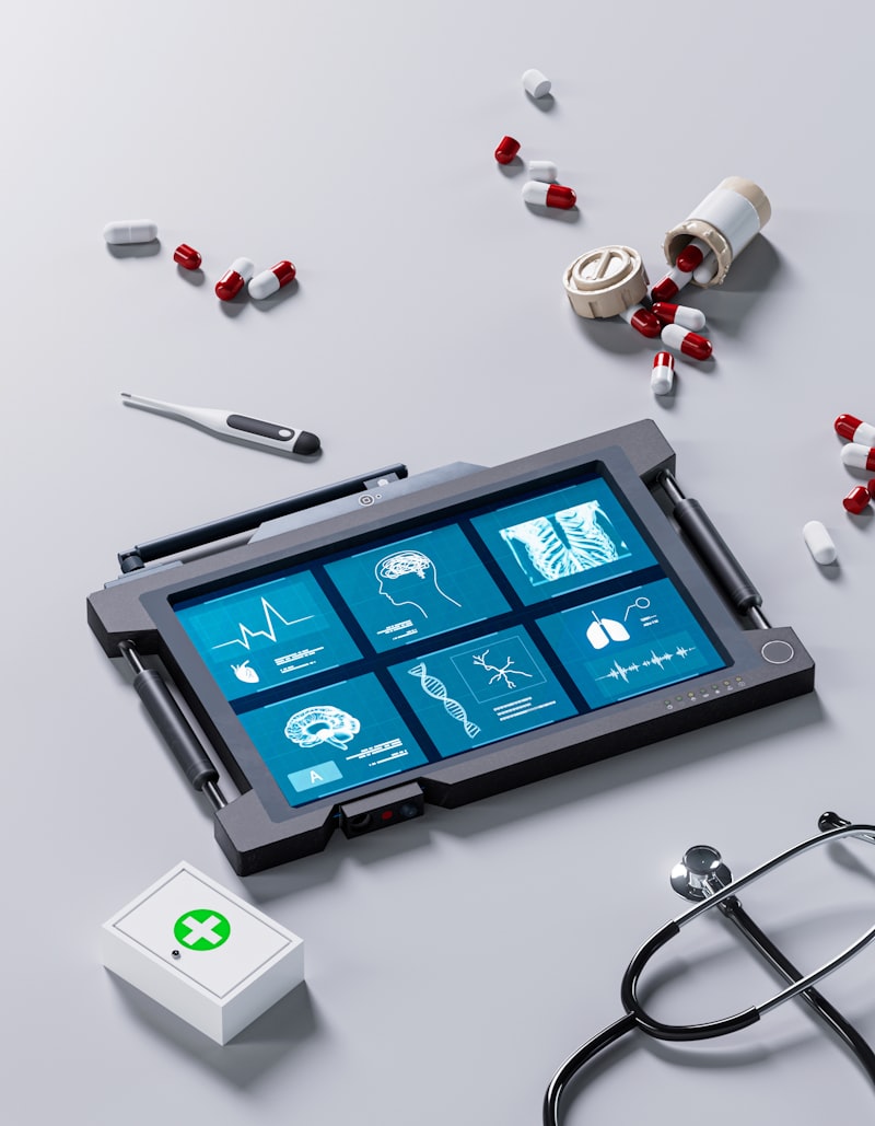 Tablet with medical symbols and stethoscope